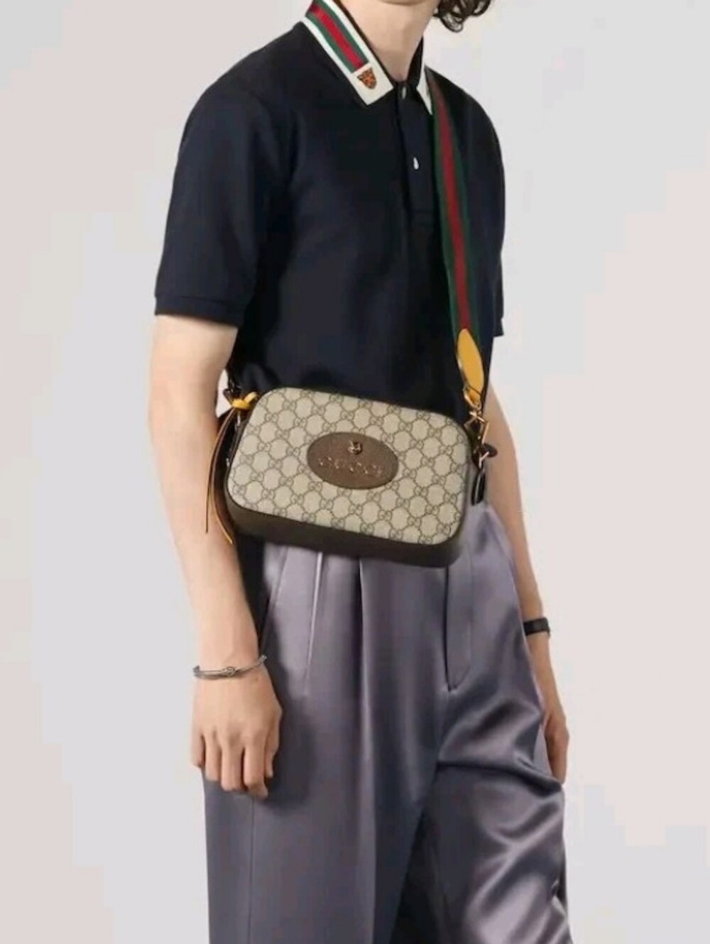 Super Beige Monogram Canvas Crossbody Camera Brown Trim Green-Red Web Strap